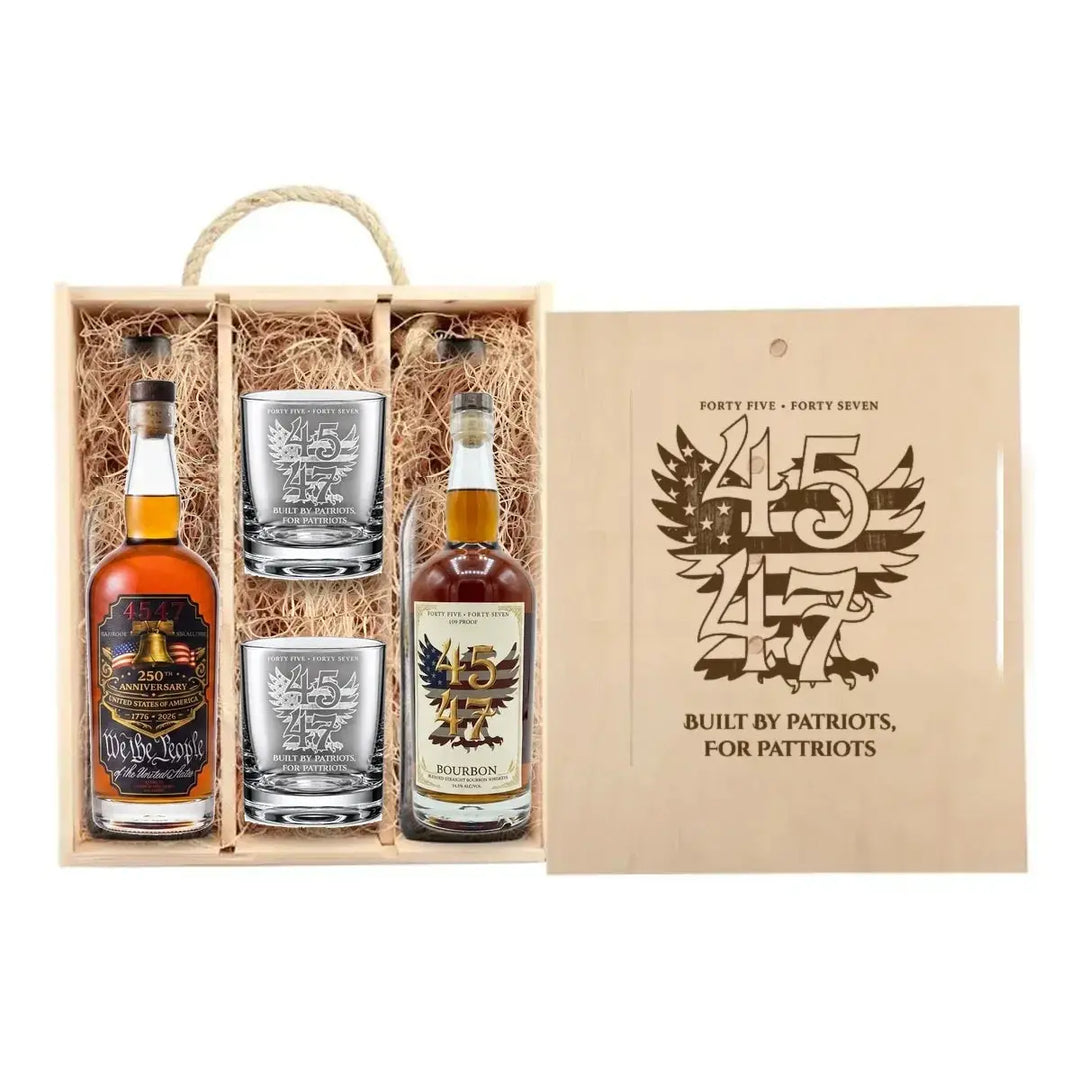 4547 Patriot Box with 109 Proof and 250th Anniversary bottles and two engraved rocks glasses in wooden gift box