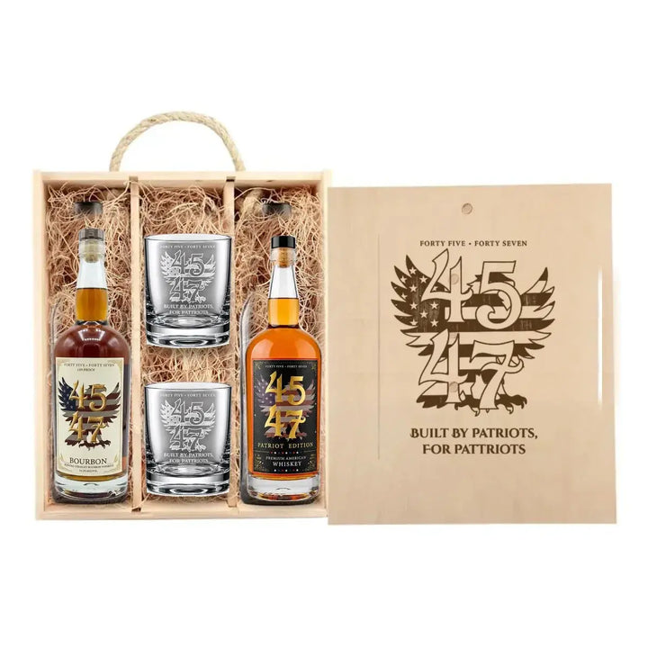 4547 Patriot Box with 109 Proof and Patriot Edition bottles and two engraved rocks glasses in wooden gift box
