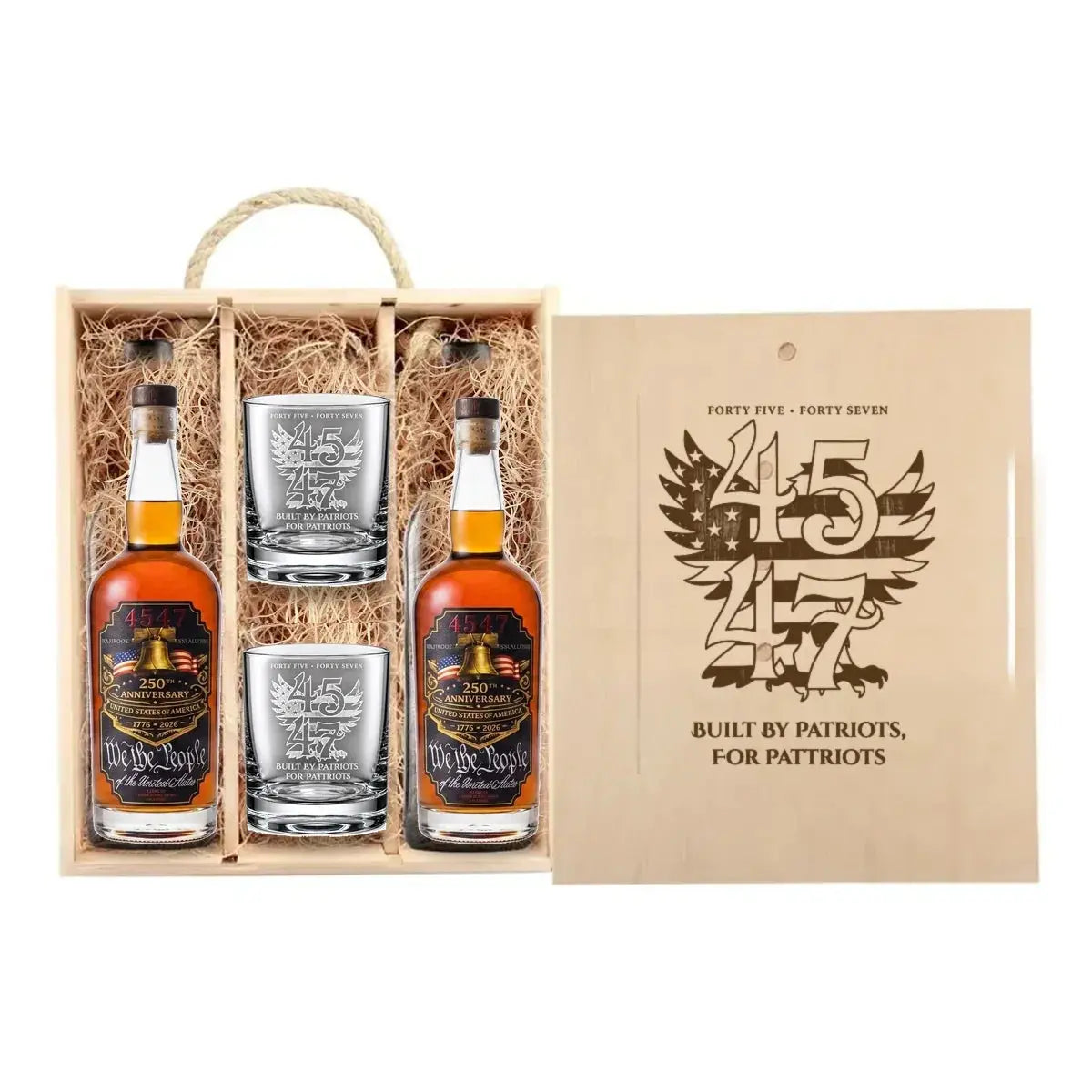 4547 Patriot Box with 250th Anniversary and 250th Anniversary bottles and two engraved rocks glasses in wooden gift box