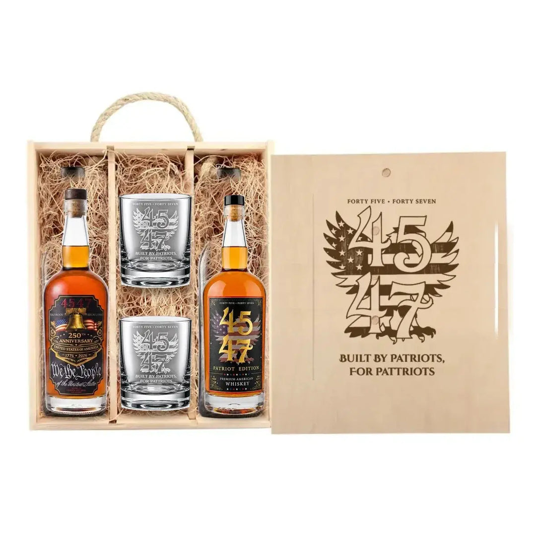 4547 Patriot Box with Patriot Edition and 250th Anniversary bottles and two engraved rocks glasses in wooden gift box