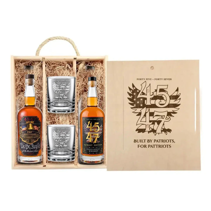 4547 Patriot Box with Patriot Edition and 250th Anniversary bottles and two engraved rocks glasses in wooden gift box