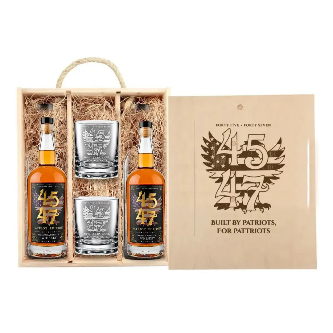 4547 Patriot Box with Patriot Edition and Patriot Edition bottles and two engraved rocks glasses in wooden gift box