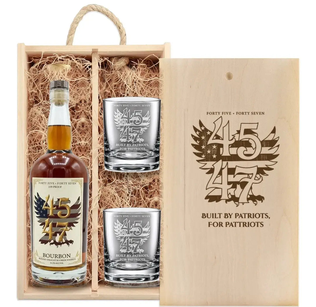 4547 Patriot Box The Salute with 109 Proof bottle and two engraved rocks glasses in wooden gift box