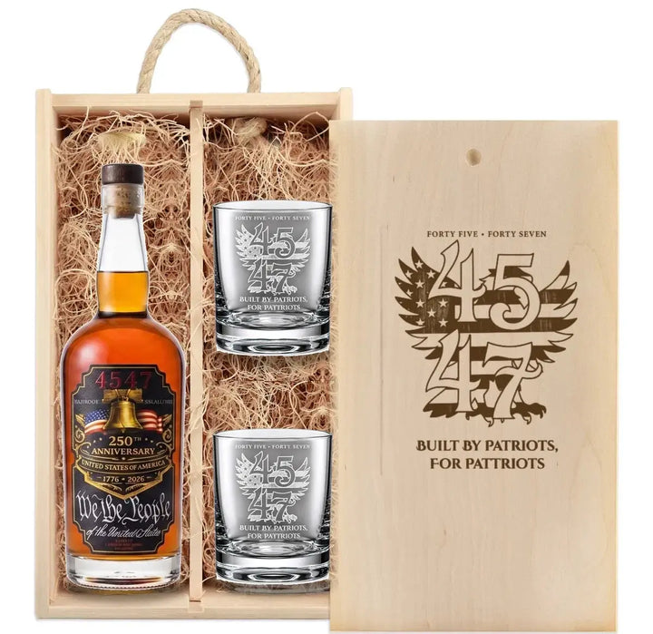 4547 Patriot Box The Salute with 250th Anniversary bottle and two engraved rocks glasses in wooden gift box