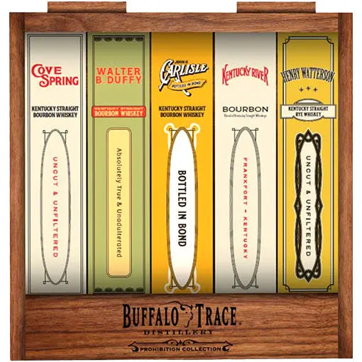 Five bottles of Buffalo Trace Prohibition Collection #3 2026 Release (5x375mL) whiskey with vintage-style labels arranged in a wooden display crate.