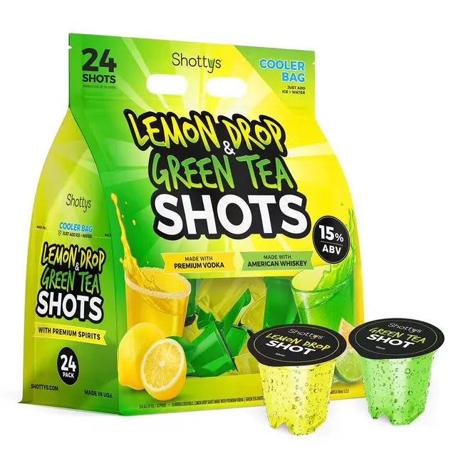 Shottys Green Tea Whiskey & Lemon Drop Vodka Cocktail Shots 24 Pack features 24 ready-to-drink cocktail shots (15% ABV) in a yellow and green bag with images of lemons, drinks, and shot cups.