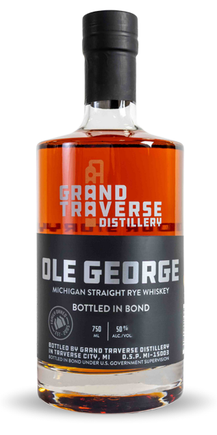 A bottle of Grand Traverse Distillery Ole George Bottled in Bond Michigan Straight Rye Whiskey, with 50% ABV, a black cap, and an orange-and-black label.