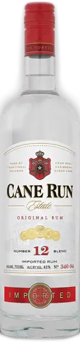 A clear glass bottle of Cane Run Estate White Rum (750mL) by Cane Run, featuring a red and gold label marked "Imported" and "12 Blend." The bottle is full and topped with a red cap.