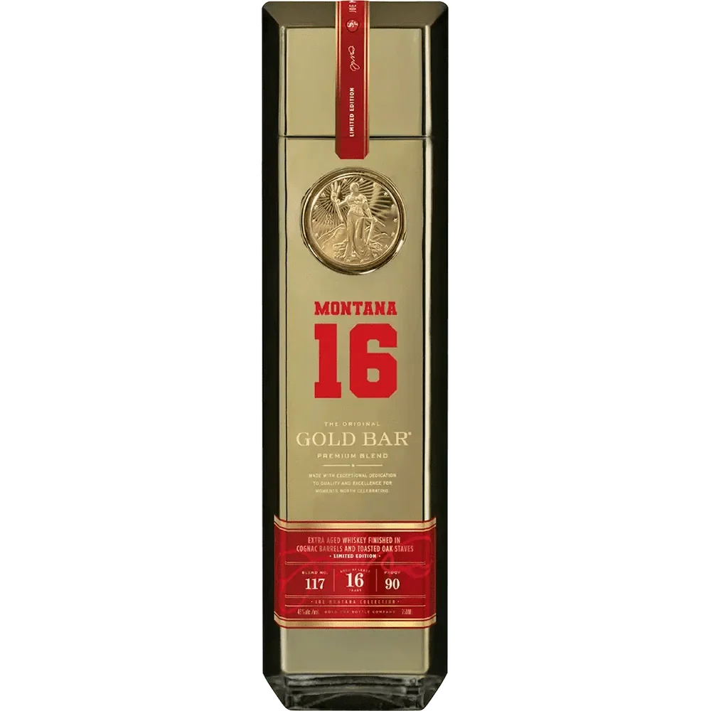 A gold-colored Gold Bar Blend 117 bottle from the Joe Montana Collection features a large coin emblem, bold red Montana 16 text, and striking red and gold product details.