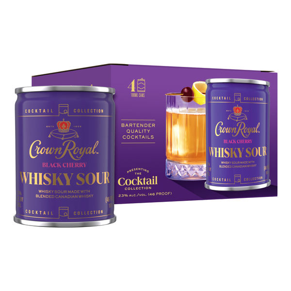 A 100mL can from the Crown Royal Black Cherry Whisky Sour Cocktail 4-pack, featuring purple and gold branding and a whisky sour cocktail with orange slice and cherry on the packaging.