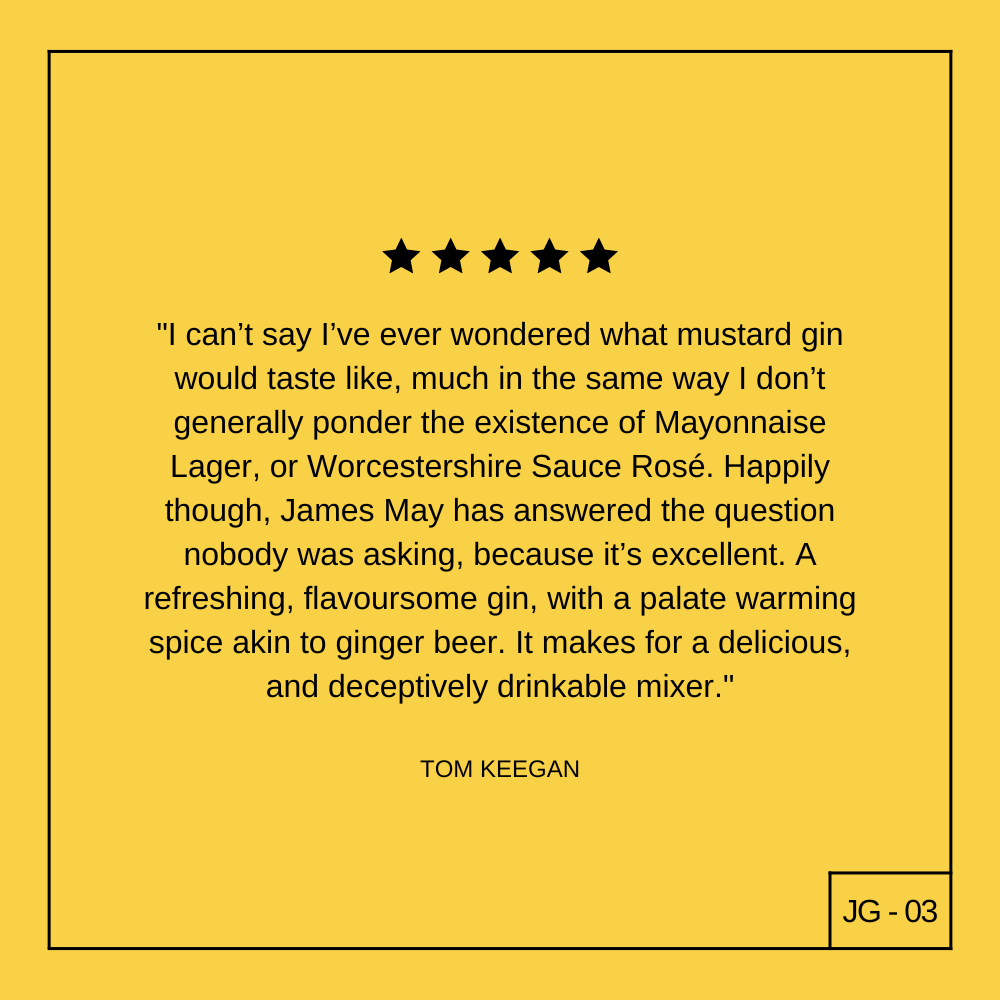 A yellow square with a black star rating, a review of James Gin American Ramstud 700mL W/ Souvenir Gift Key Chain by Tom Keegan, and label JG - 03 in the bottom right. Text is centered, framed by a thin black border.