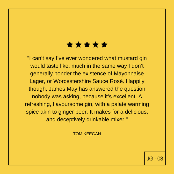A yellow square with a black star rating, a review of James Gin American Ramstud 700mL W/ Souvenir Gift Key Chain by Tom Keegan, and label JG - 03 in the bottom right. Text is centered, framed by a thin black border.