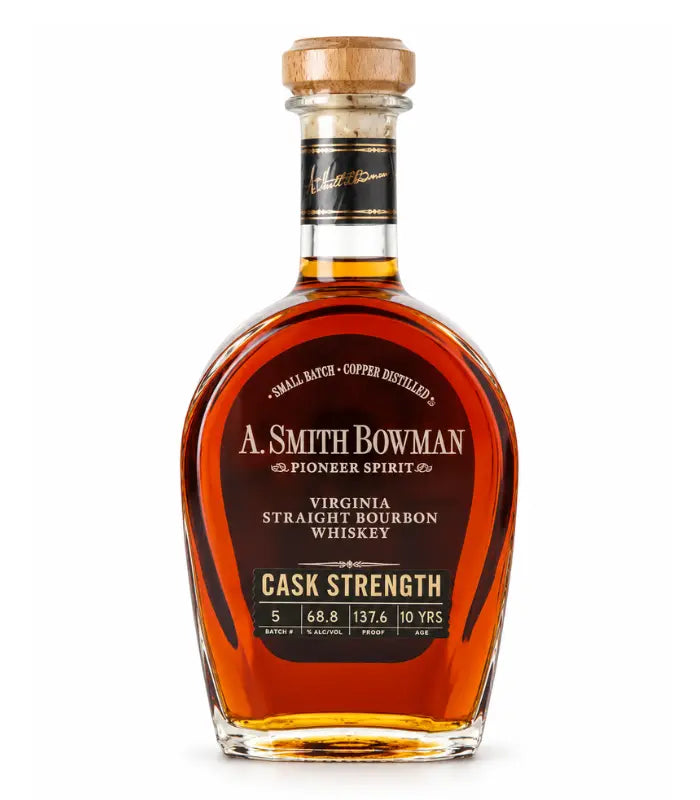 A bottle of A. Smith Bowman Cask Strength Batch 5 10 Year Bourbon Whiskey 137.6 Proof, from A. Smith Bowman Distillery, featuring a cork stopper and rich amber liquid inside.