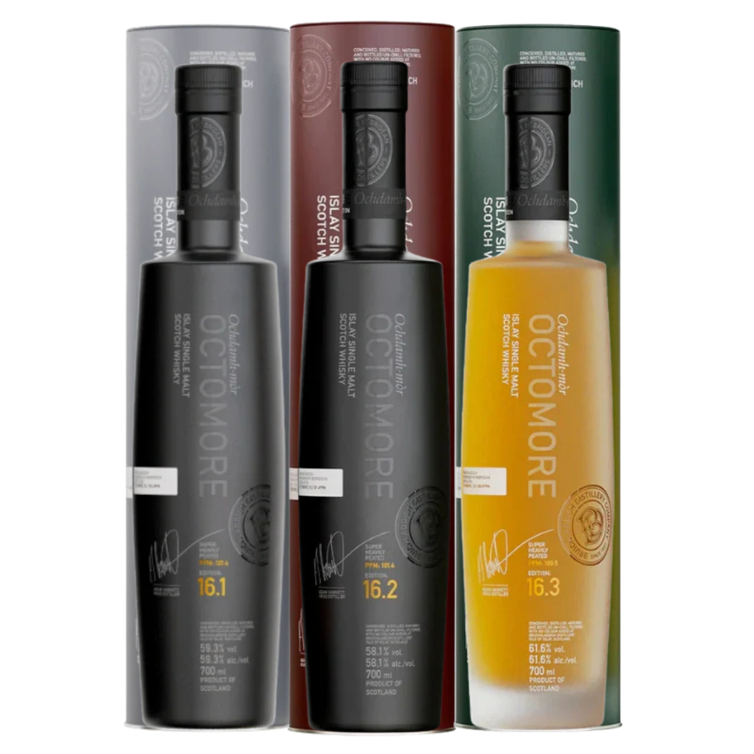 The Bruichladdich Octomore Edition 16 Bundle includes bottles of 16.1, 16.2, and 16.3 single malt Scotch whisky, each with a matching black, grey, or amber box—perfect for Islay whisky collectors. Labels and branding are clearly visible.