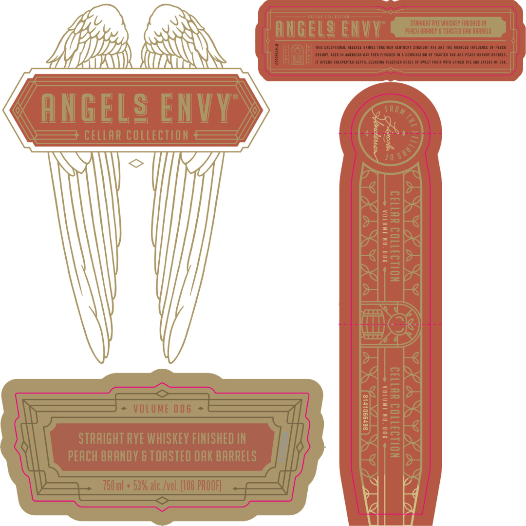 Four ornate red and gold labels for Angel’s Envy Cellar Collection Volume 006 Straight Rye Whiskey Finished in Peach Brandy &amp; Toasted Oak Barrels, featuring stylized wings, brand name, product details, volume, and proof in elegant designs.