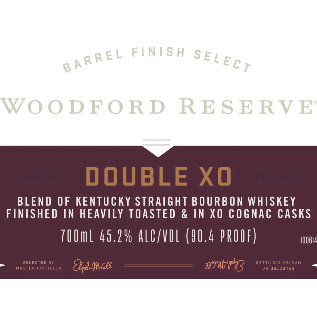 Woodford Reserve Double XO Barrel Finish Select Limited Release Kentucky Straight Bourbon Whiskey, finished in heavily toasted and XO Cognac casks. 700mL, 45.2% alc/vol (90.4 proof).