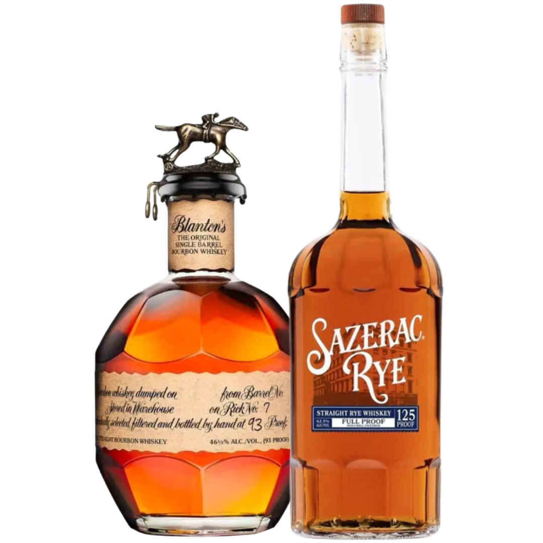 The Blanton Sazerac Bundle includes Blanton's Original Single Barrel Bourbon and Sazerac Rye Full Proof 125 Proof, both from Sazerac, featuring rich amber spirits in iconic bottles.