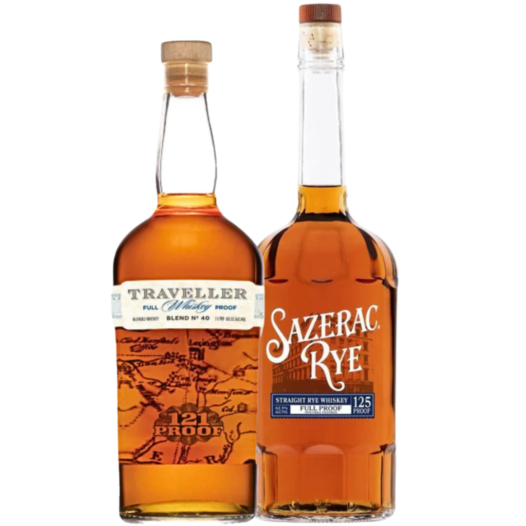 The Sazerac Traveller Full Proof &amp; Sazerac Rye Full Proof Bundle features a 121 proof bourbon with a map design and a 125 proof rye with a blue label and cork stopper, displayed side by side.