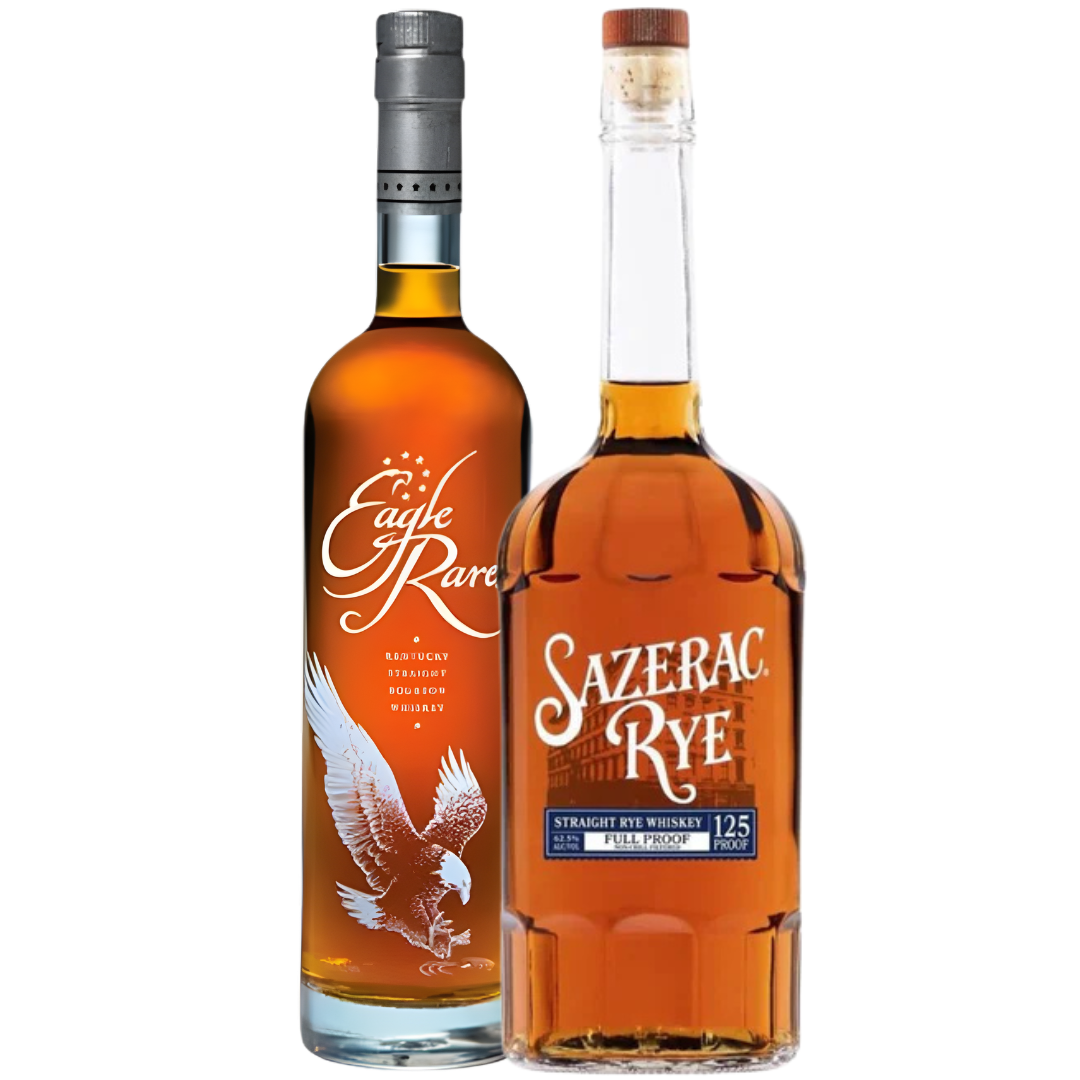 The Sazerac Eagle Rare 10 Year Bourbon &amp; Sazerac Rye Full Proof 125 Bundle features two bottles: Eagle Rare with an eagle motif and Sazerac Rye Full Proof with a blue label, both offering rich amber bourbon.