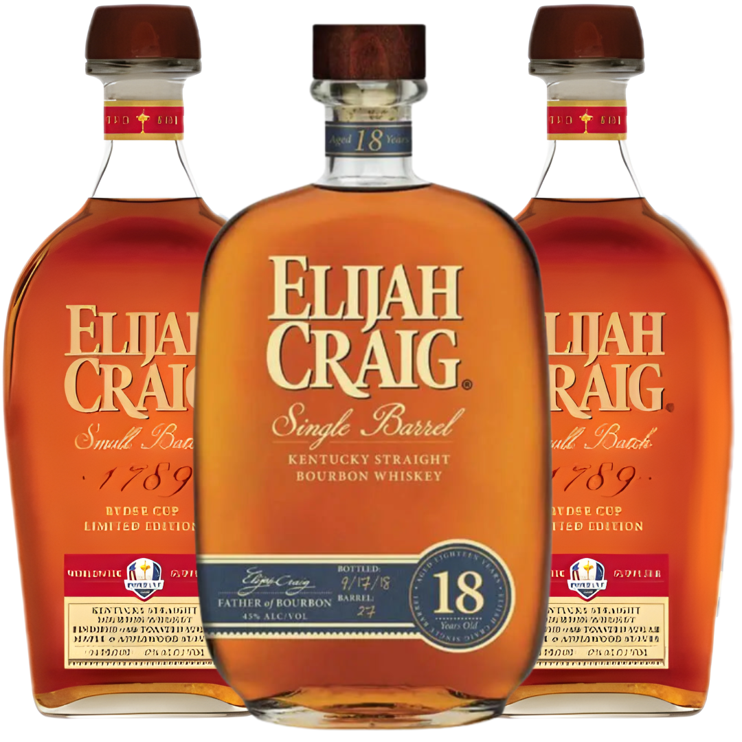 The Elijah Craig 18 Year & Ryder Cup Bundle features an 18 Year bottle and two Ryder Cup 2025 bottles—a standout set from Elijah Craig with rich, amber bourbon.
