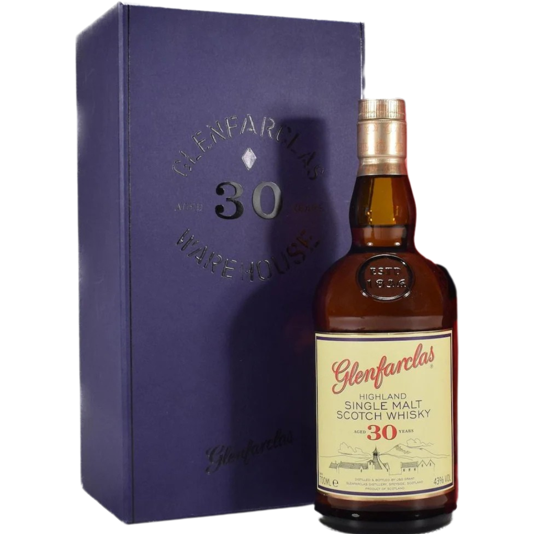 A bottle of Glenfarclas Warehouse Edition 30 Year Old Highland Single Malt Scotch Whisky 700mL is displayed beside its box, both featuring the Glenfarclas brand name and age statement prominently on their labels.