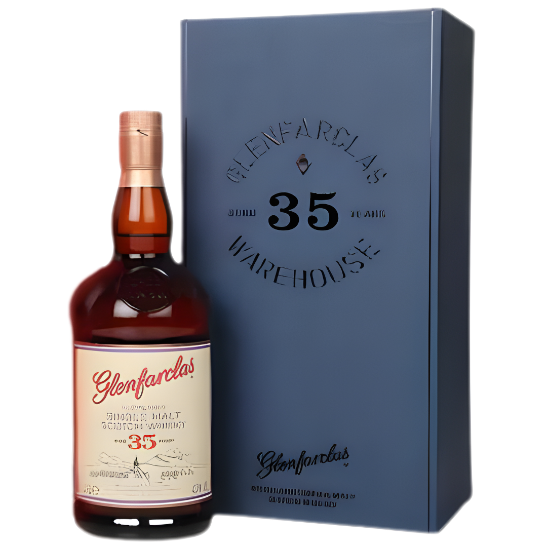 A bottle of Glenfarclas Warehouse Edition 35 Year Old Highland Single Malt Scotch Whisky 700mL stands next to its blue box, both marked with the Glenfarclas name and age. This sherry-cask whisky delivers a classic Highland taste.