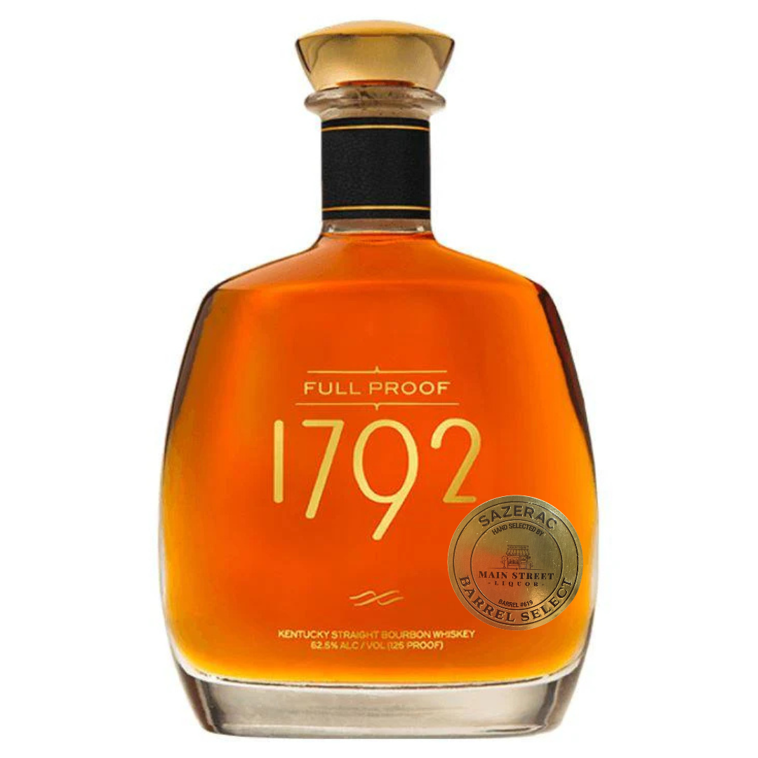 A bottle of 1792 Full Proof Bourbon Private Barrel Select Main Street Liquor, featuring rich amber liquid, a gold medallion, and gold 1792 branding that highlights its Kentucky Straight Bourbon Whiskey heritage.