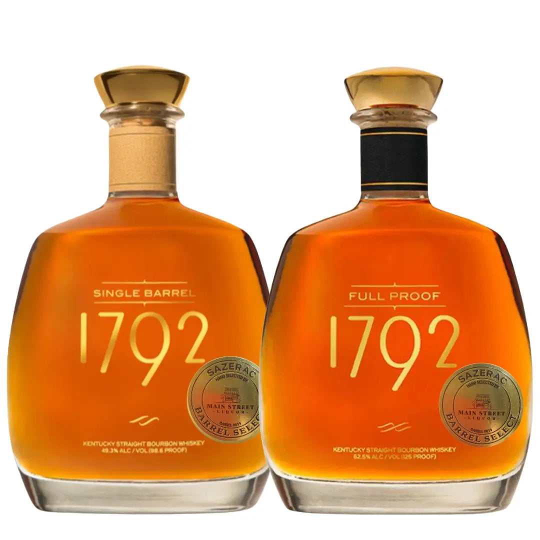 The 1792 Main Street Liquor Private Barrel Bundle from 1792 Bourbon includes two bottles—Single Barrel and Full Proof—each with a gold cap and silver Sazerac medallion, perfect for any private barrel fan.