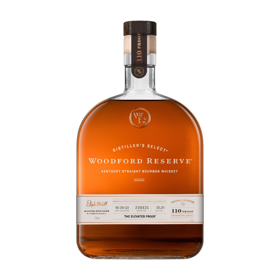 A bottle of Woodford Reserve 110 Proof Bourbon Whiskey "The Elevated Proof" Store Pick, featuring an amber liquid and a label displaying 110 proof bourbon and batch details on the front.