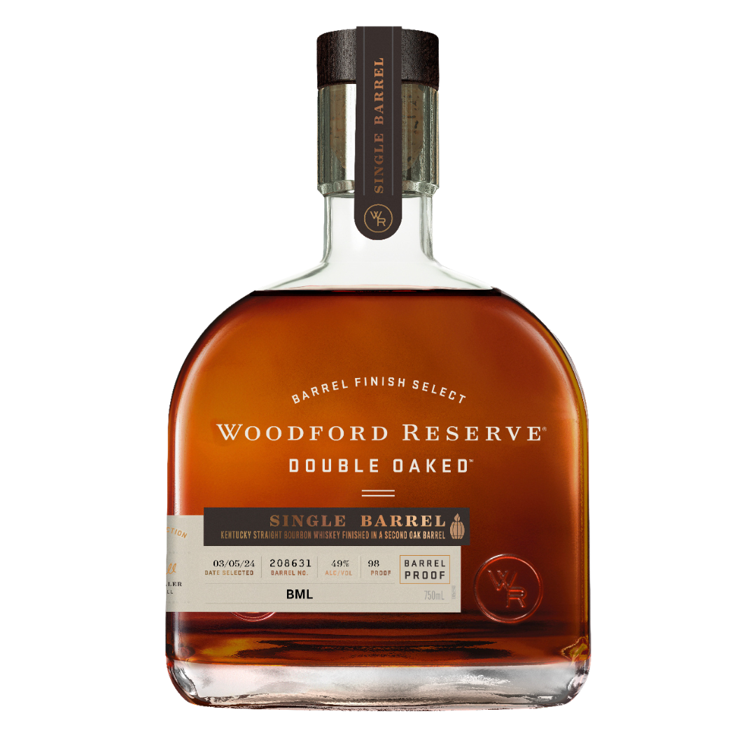 A bottle of Woodford Reserve Double Oaked Single Barrel Strength Kentucky Straight Bourbon Whiskey “BML” Store Pick features a brown cap, wide body, amber liquid, and a detailed label with barrel info and proofs—a true Kentucky bourbon.