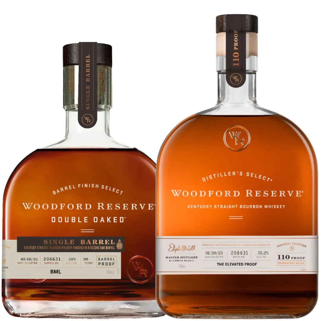 The Woodford Reserve 2026 Store Pick Bundle features two bottles: the Double Oaked Single Barrel “BML” and 110 Proof “The Elevated Proof,” both with rectangular shapes, gold-and-white labels, brown caps, and amber liquid.