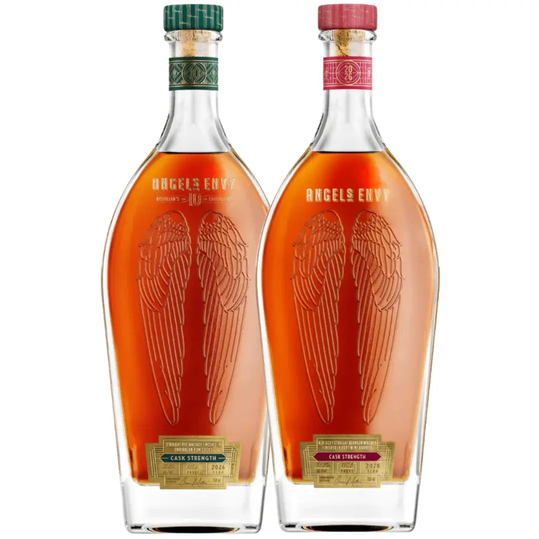 The Angel’s Envy Cask Strength 2026 Bundle includes two collectible bottles—10 Year Cask Strength Rye (green cap/label) and 10 Year Cask Strength Bourbon (red cap/label)—each embossed with angel wings and filled with rich amber whiskey.
