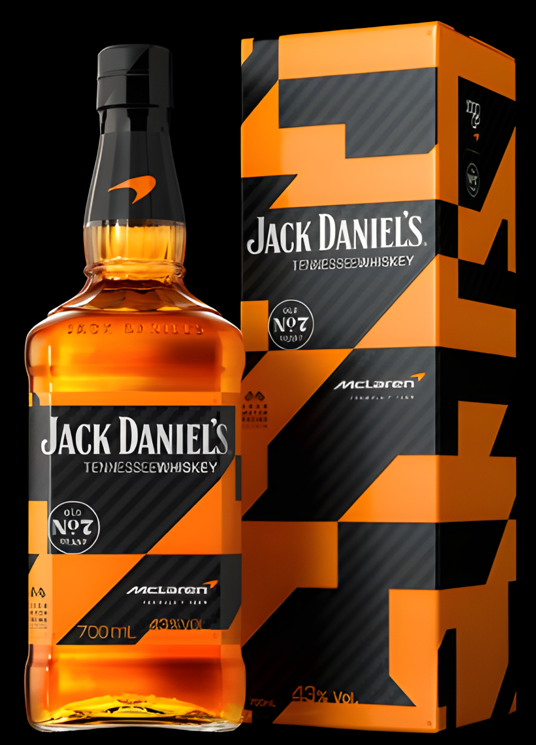 A 1L bottle of Jack Daniel's x McLaren 2026 Edition Tennessee Whiskey is shown next to its Formula 1-inspired collector box, featuring orange and black accents with the iconic Old No. 7 logo.