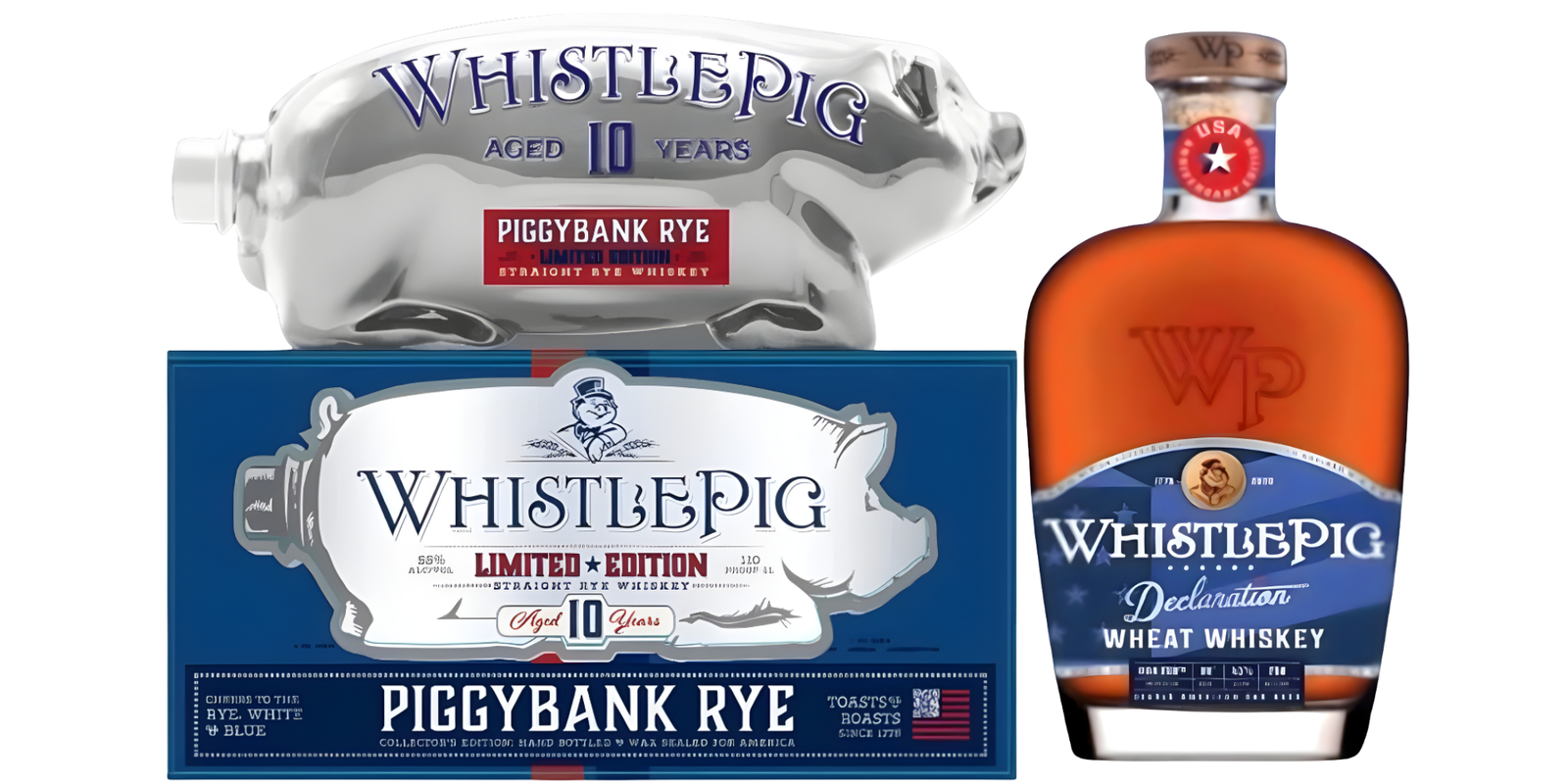 Celebrate WhistlePig’s U.S.A. 250th Birthday Bundle: PiggyBank Rye White & Blue Limited Edition in a pig-shaped bottle with custom blue box, and Declaration Wheat Whiskey Limited Edition. Enjoy these exclusive whiskeys by WhistlePig.