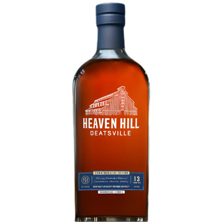 A bottle of Heaven Hill Distillery Deatsville 13 Year Commemorative Edition Kentucky Straight Bourbon with a blue cap and a label showing the distillery, brand name, and whiskey details.