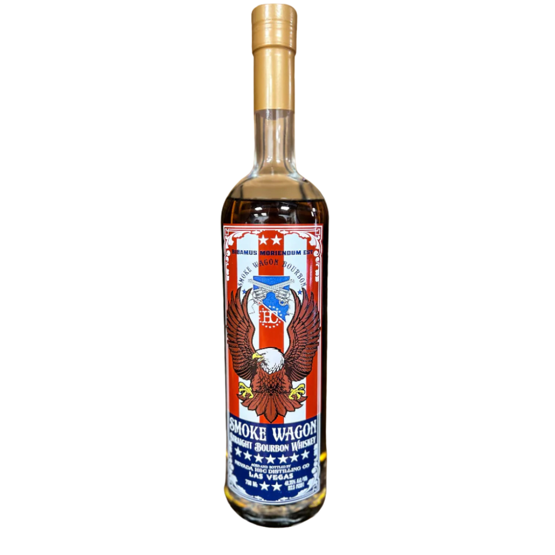 A 750ml bottle of Smoke Wagon Red White and Blue 2026 Straight Bourbon Whiskey (PRE ORDER) from Smoke Wagon Bourbon, featuring a patriotic label with an eagle, stars, and “Las Vegas” at the bottom.