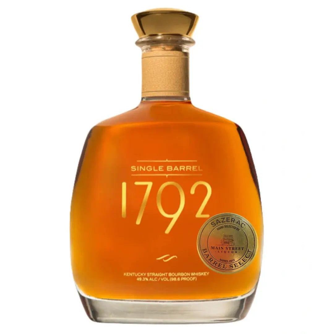A bottle of 1792 Bourbon Single Barrel Private Barrel Select Main Street Liquor Pick features a gold cap and label, a Sazerac Barrel Select medallion near the base, and pours a rich amber Kentucky straight bourbon whiskey.