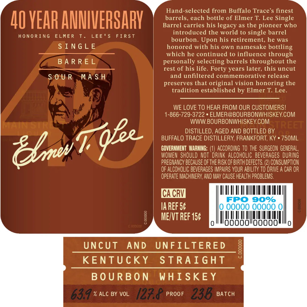 Commemorating 40 years, the Elmer T. Lee 40 Year Anniversary Uncut & Unfiltered Single Barrel Bourbon 127.8 Proof label features a gold signature, tasting notes, a tribute story, and whiskey details on a rich brown background.