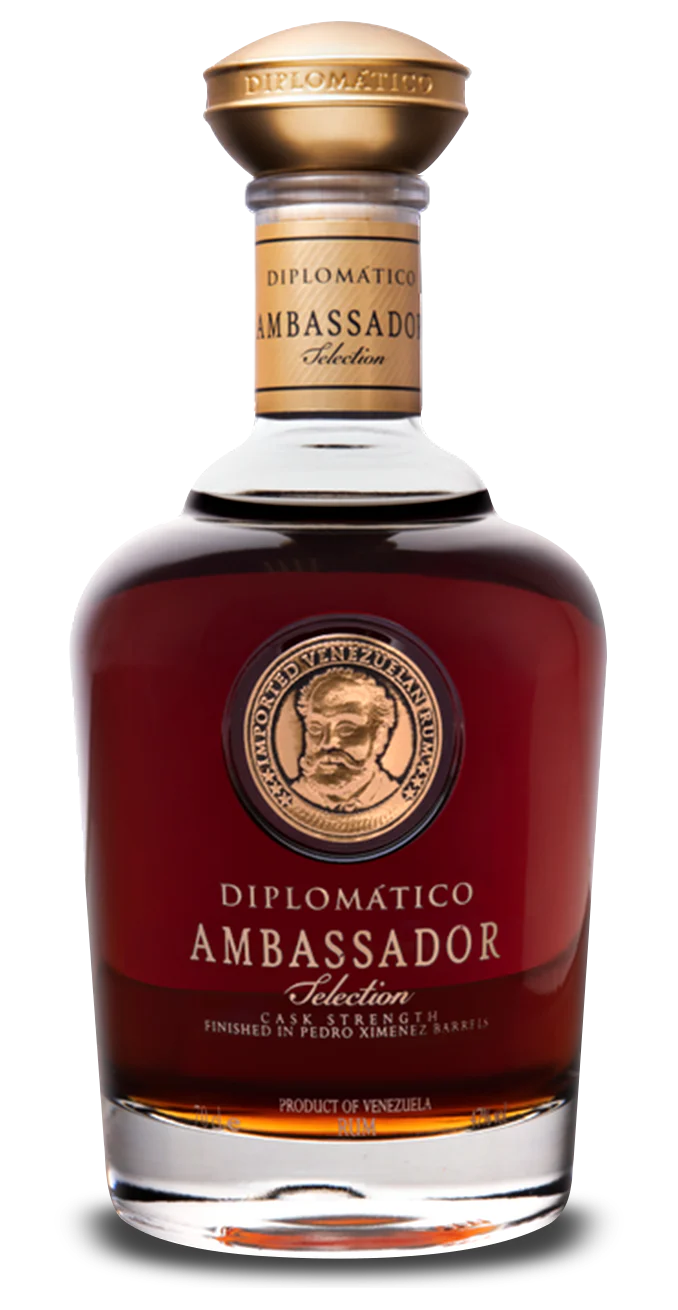A 750ml bottle of Diplomatico Ambassador Selection Cask Strength Rum by Diplomatico Rum, featuring a gold seal, decorative label, dark amber liquid, wide base, round golden cap, and marked as a product of Venezuela.