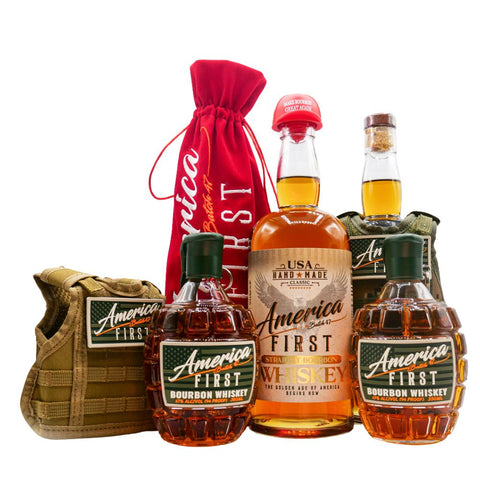 The America First Straight Bourbon Whiskey 4 Pack features two grenade-shaped bottles, a regular and small bottle, plus red and camo cloth pouches—all with patriotic labels—making it the ultimate gift from America First.