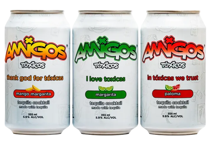 Six white cans of Amigos Toxicos Tequila Cocktail Variety Pack 6-Pack, each featuring a different flavor: mango margarita, lime margarita, and paloma. Every can showcases a vibrant phrase and unique design that reflects its flavor, making this ready-to-drink tequila cocktail pack from Amigos Toxicos perfect for any occasion.
