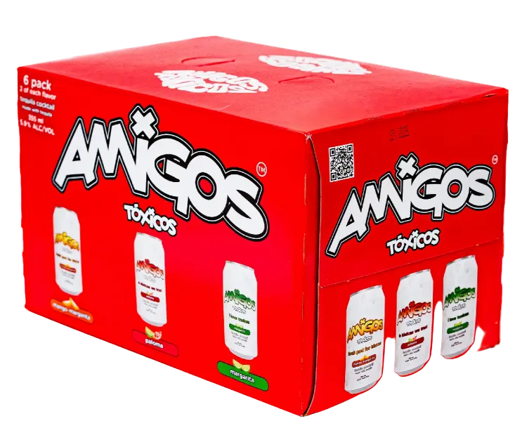 A vibrant red 6-pack box labeled Amigos Toxicos Tequila Cocktail Variety Pack highlights a selection of four canned cocktail flavors—Piña Colada, Mango, Tamarindo, and Pepino Limón. With bold white and black lettering, this ready-to-drink product from Amigos Toxicos is perfect for anyone looking to enjoy convenient tequila cocktails.