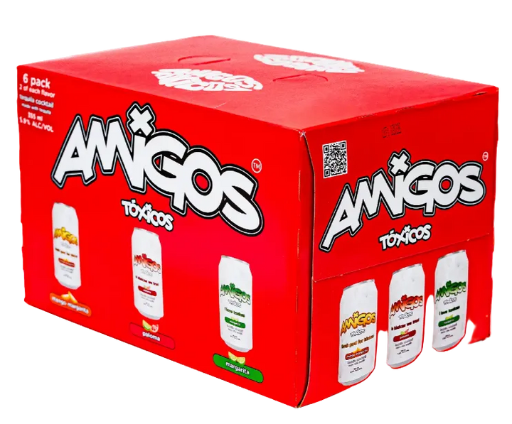 A vibrant red 6-pack box labeled Amigos Toxicos Tequila Cocktail Variety Pack highlights a selection of four canned cocktail flavors—Piña Colada, Mango, Tamarindo, and Pepino Limón. With bold white and black lettering, this ready-to-drink product from Amigos Toxicos is perfect for anyone looking to enjoy convenient tequila cocktails.