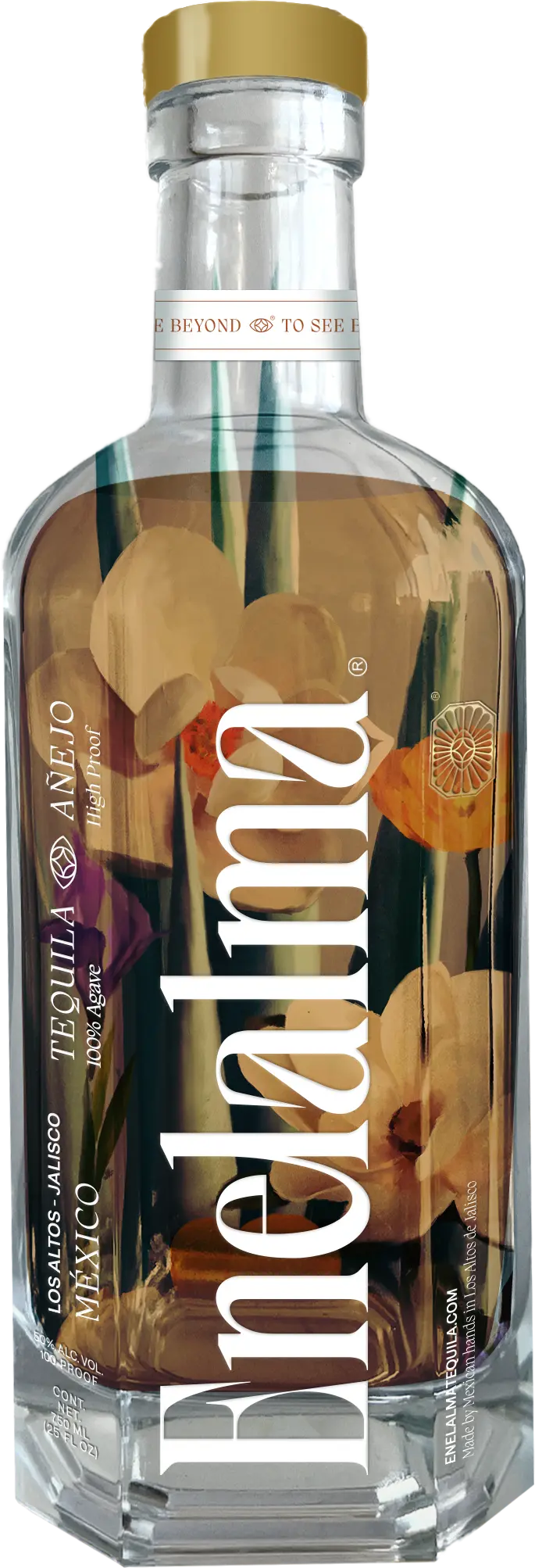 A clear glass bottle of Enelalma Tequila High Proof Añejo 750mL features a gold cap, bold white lettering, a floral and leaf design inside the bottle, and is aged in American white oak barrels for a refined finish.