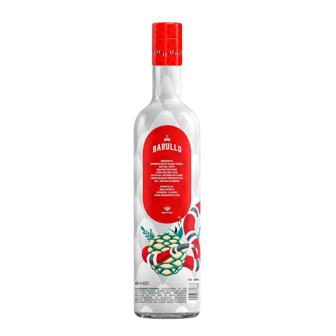 A glass bottle of Barullo Spicy Watermelon Sandía Liqueur 750ml with a red cap, featuring a label that lists ingredients and government health warnings.