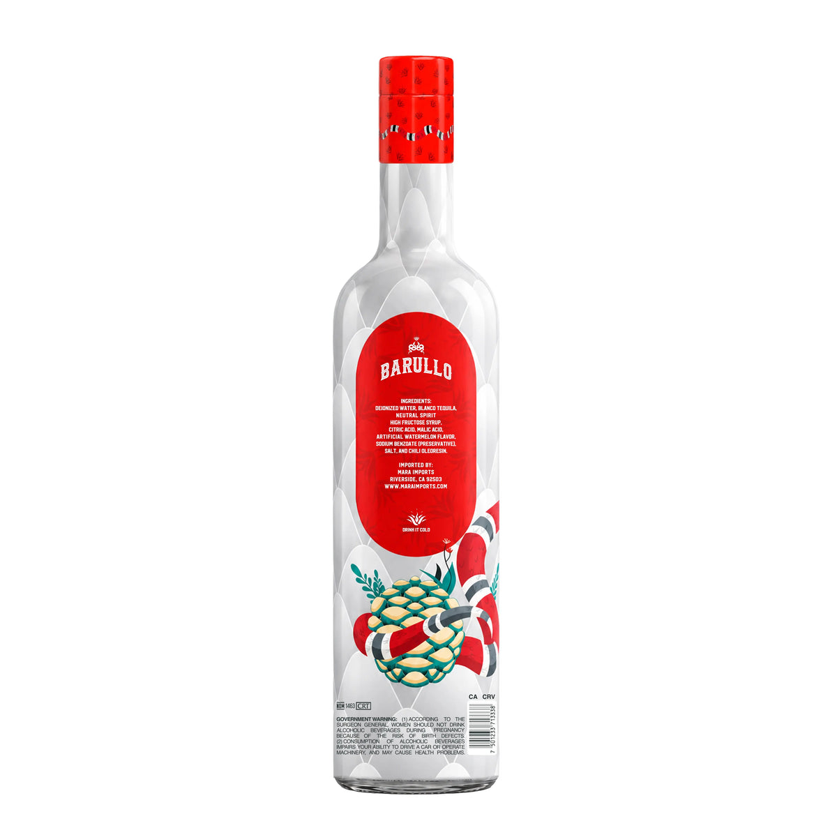 A glass bottle of Barullo Spicy Watermelon Sandía Liqueur 750ml with a red cap, featuring a label that lists ingredients and government health warnings.