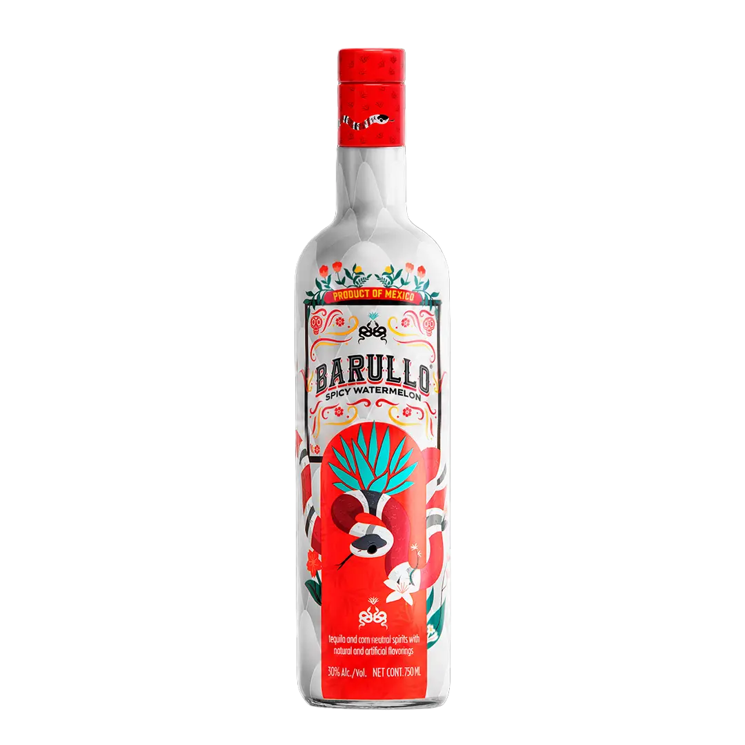 A glass bottle of Barullo Spicy Watermelon Sandía Liqueur 750ml, featuring a colorful label with floral and agave motifs, presented as a Mexican-inspired spirit.