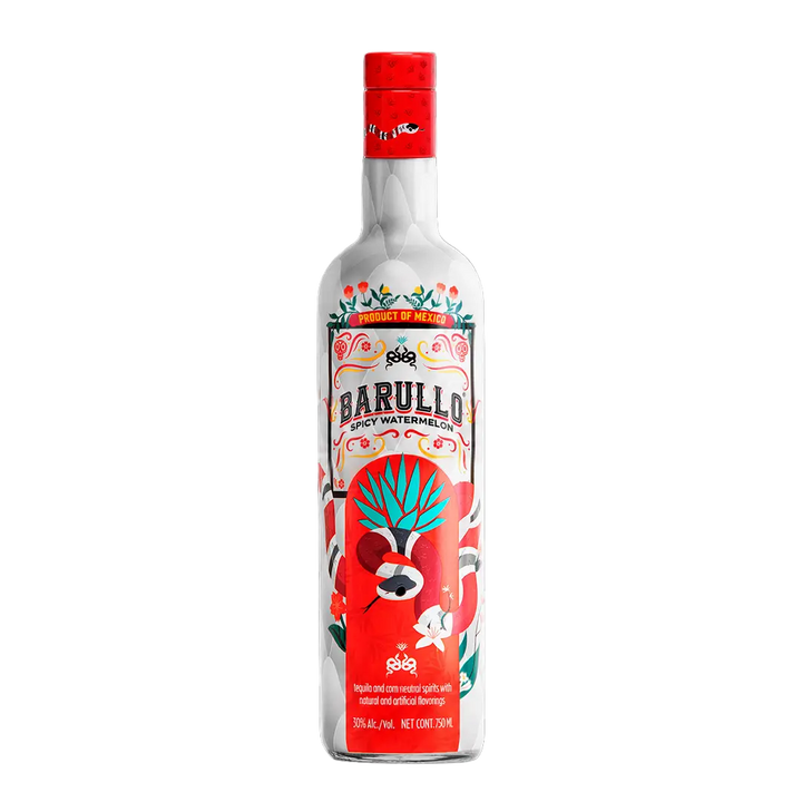 A glass bottle of Barullo Spicy Watermelon Sandía Liqueur 750ml, featuring a colorful label with floral and agave motifs, presented as a Mexican-inspired spirit.