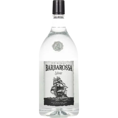 A 1.75L clear bottle of Barbarossa Silver Rum from the Barbarossa brand, topped with a black cap. Its label displays an illustration of a sailing ship along with the words "Original Barbarossa Silver." This crisp, transparent white rum is perfect for mixing into cocktails.