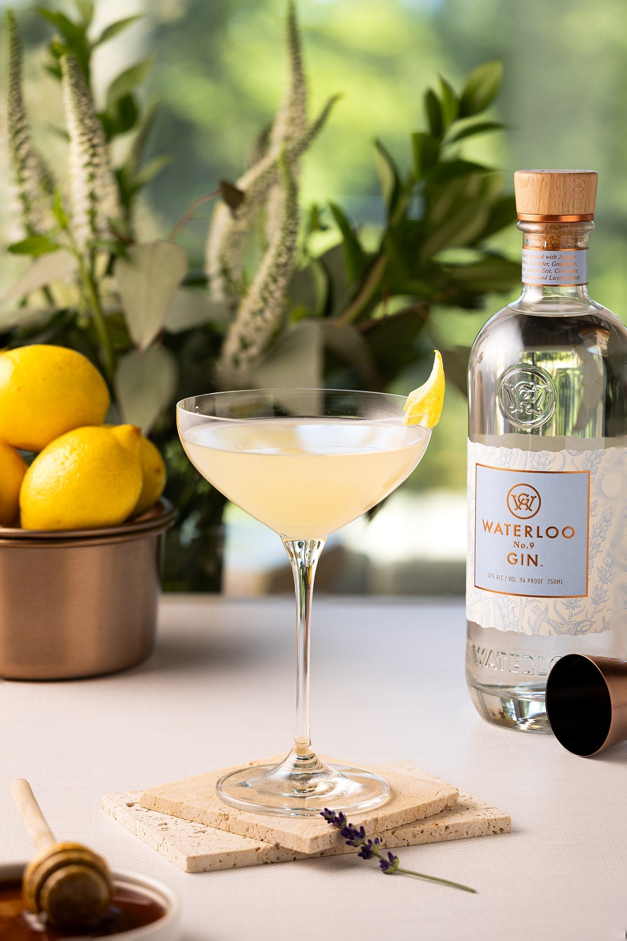 A coupe glass with a lemon twist sits beside a bottle of Waterloo No.9 Gin by Waterloo Gin, with fresh lemons, a honey dipper, and lavender sprigs, all arranged against lush greenery.